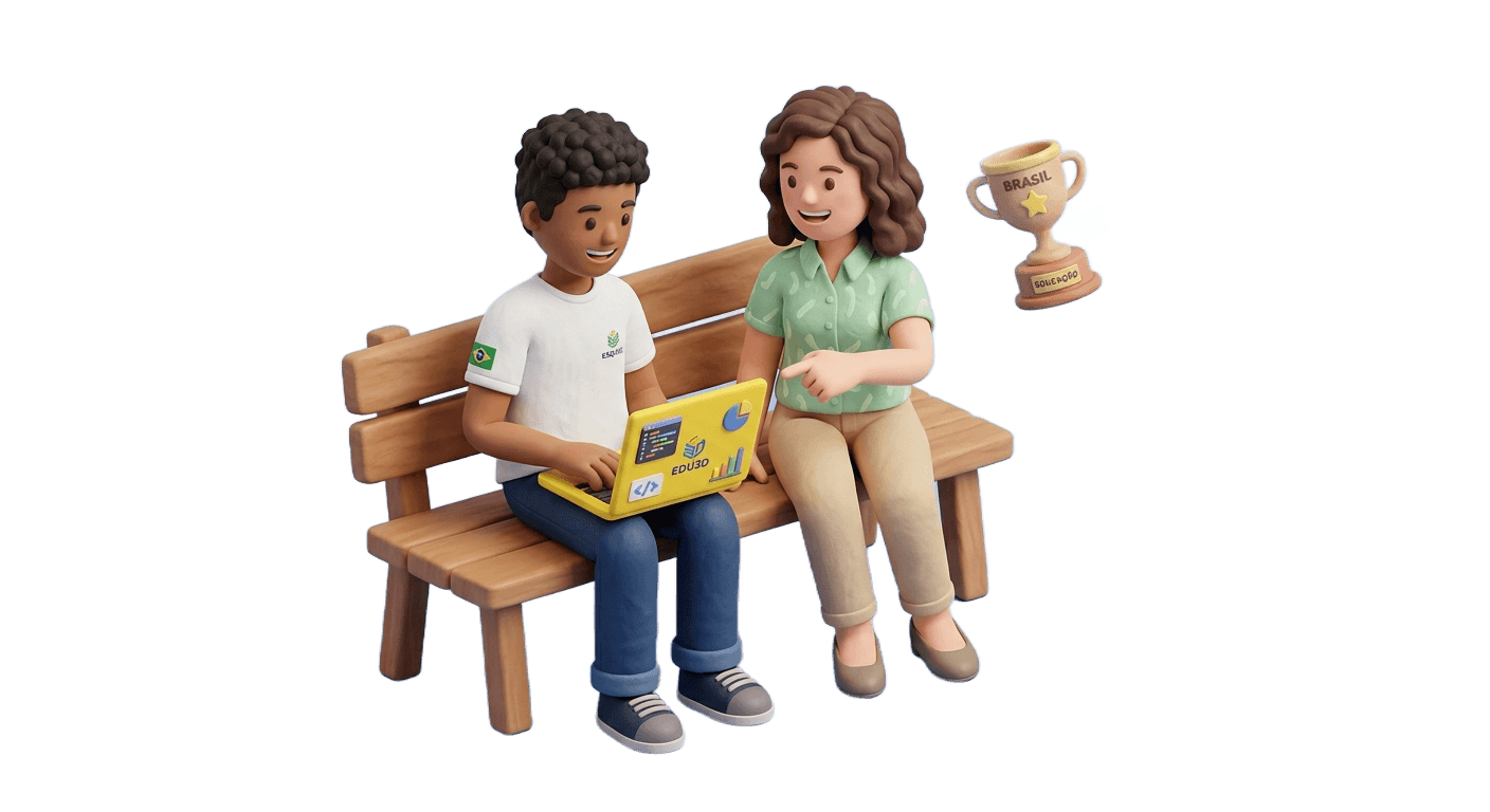 Ilustração 3D clay de um aluno e uma professora estudando juntos num banco